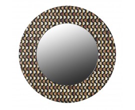 Designov&eacute; kulat&eacute; z&aacute;věsn&eacute; zrcadlo Hajdy s dřevěn&yacute;m mangov&yacute;m čern&yacute;m podkladem a intarzi&iacute; z buvol&iacute; kosti s hněd&yacute;mi a b&iacute;l&yacute;mi kroužky s technikou bone inlay