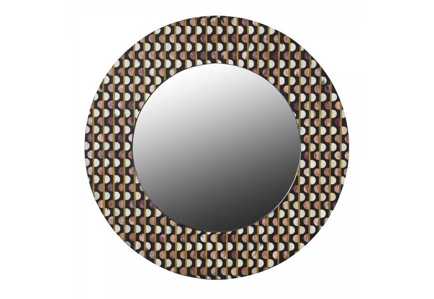 Designové kulaté závěsné zrcadlo Hajdy s dřevěným mangovým černým podkladem a intarzií z buvolí kosti s hnědými a bílými kroužky s technikou bone inlay