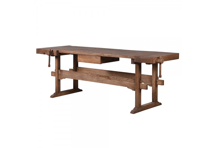 Vintage pracovní stůl Guria v obdélníkovém tvaru z masivního recyklovaného dřeva v hnědé barvě se zásuvkou a dvěma truhlářskými svorkami