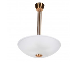 Art deco stropn&iacute; lustr Izi se zlatou tyč&iacute; z kovu s kulat&yacute;m st&iacute;n&iacute;tkem ze skla v ml&eacute;čn&eacute; neprůhledn&eacute; b&iacute;l&eacute; barvě