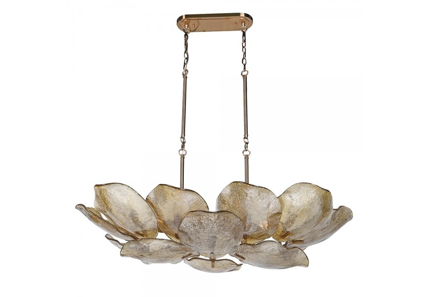 Luxusní glamour lustr Shape ze skla a zlatého kovu s organickým listovým designem se strukturovaným skleněným stínítkem s kovovými spoji a základnou