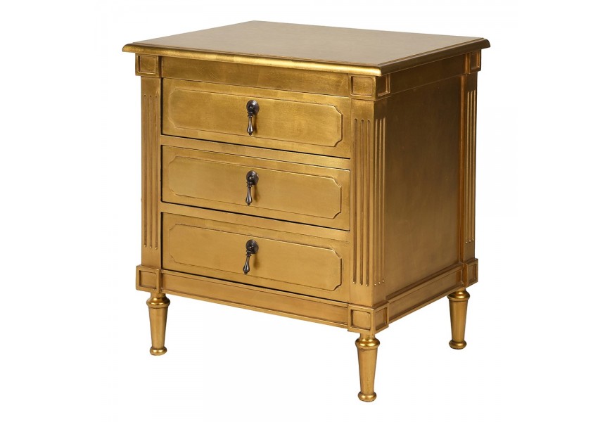 Luxusní klasický zlatý noční stolek Roi Gilt z mahagonového dřeva s povrchovou úpravou s jemnou patinou a ozdobným drážkováním se třemi zásuvkami a štíhlými nožičkami s kovovými úchyty v bronzové barvě