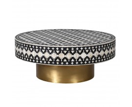 Etno kulatý černo bílý konferenční stolek Daytona s intarzií z buvolí kosti a mosaznou kovovou nohou 100 cm