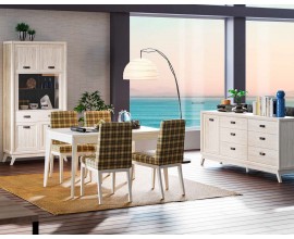 Luxusn&iacute; modern&iacute; sestava n&aacute;bytku do j&iacute;delny Rodas s obd&eacute;ln&iacute;kov&yacute;m j&iacute;deln&iacute;m stolem se &scaron;ikm&yacute;ma nohama a čalouněn&yacute;mi židlemi a př&iacute;born&iacute;kem a vitr&iacute;nou z masivn&iacute;ho dřeva v b&iacute;l&eacute;m proveden&iacute;