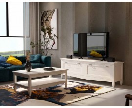 Luxusn&iacute; modern&iacute; masivn&iacute; sestava n&aacute;bytku do ob&yacute;vac&iacute;ho pokoje Amberes v b&iacute;l&eacute; barvě s vyřez&aacute;van&yacute;m zdoben&iacute;m s obd&eacute;ln&iacute;kov&yacute;m konferenčn&iacute;m stolkem a televizn&iacute;m stolkem s &uacute;ložn&yacute;m prostorem