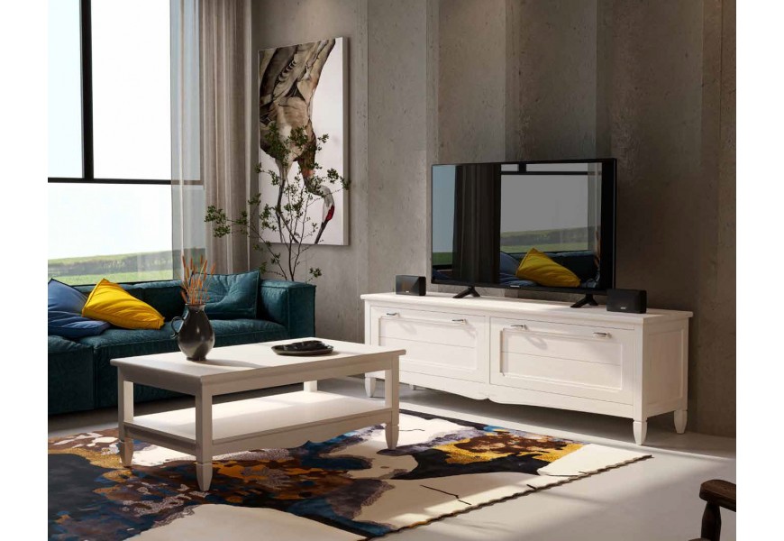 Luxusní moderní masivní sestava nábytku do obývacího pokoje Amberes v bílé barvě s vyřezávaným zdobením s obdélníkovým konferenčním stolkem a televizním stolkem s úložným prostorem