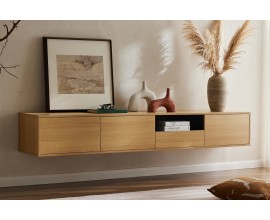 Modern&iacute; z&aacute;věsn&yacute; tř&iacute;dveřov&yacute; obd&eacute;ln&iacute;kov&yacute; TV stolek Attica v hněd&eacute; barvě s dubov&yacute;m vzhledem a polic&iacute; 200 cm