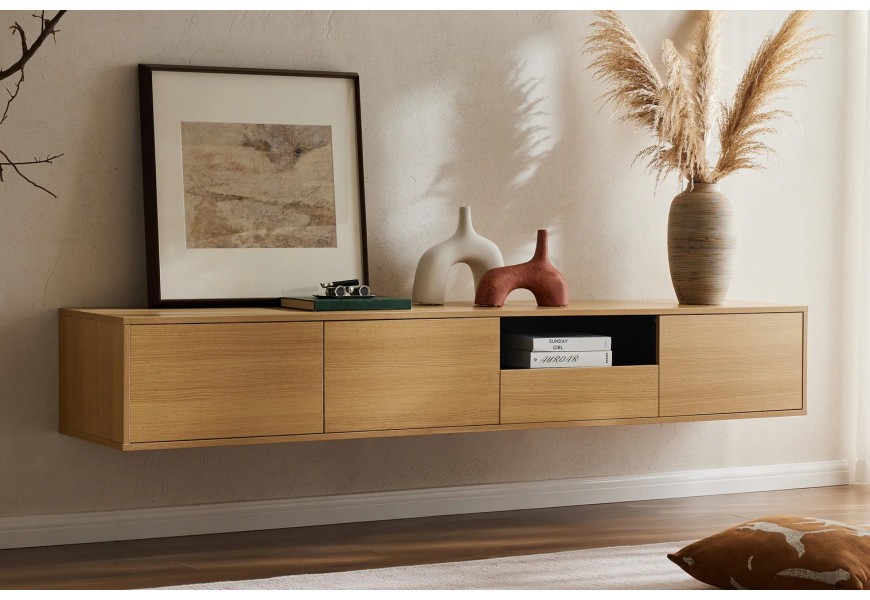 Skandinávský nástěnný televizní stolek Attica v obdélníkovém tvaru se třemi dvířky a šuplíkem s poličkou s dubovým designem v hnědé barvě
