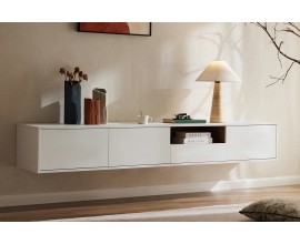 Skandin&aacute;vsk&yacute; obd&eacute;ln&iacute;kov&yacute; z&aacute;věsn&yacute; televizn&iacute; stolek Attica se třemi dveřmi ze dřeva v b&iacute;l&eacute; barvě se z&aacute;suvkou a polic&iacute;