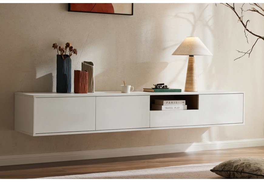 Skandin&aacute;vsk&yacute; n&aacute;stěnn&yacute; obd&eacute;ln&iacute;kov&yacute; tř&iacute;dveřov&yacute; TV stolek Attica ze dřeva v b&iacute;l&eacute; barvě se z&aacute;suvkou 200 cm