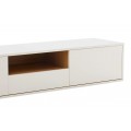 Skandin&aacute;vsk&yacute; n&aacute;stěnn&yacute; obd&eacute;ln&iacute;kov&yacute; tř&iacute;dveřov&yacute; TV stolek Attica ze dřeva v b&iacute;l&eacute; barvě se z&aacute;suvkou a polic&iacute; 200 cm