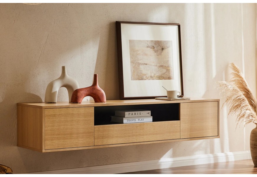 Moderní nástěnný televizní stolek Attica v obdélníkovém tvaru se dvěma dvířky a zásuvkou s policí v dubovém designu v hnědé barvě s černým vnitřkem