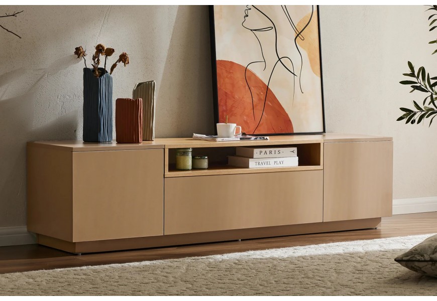 Moderní televizní stolek Attica v obdélníkovém tvaru se dvěma dvířky a jednou zásuvkou v hnědé matné barvě s policí s dubovým vzhledem