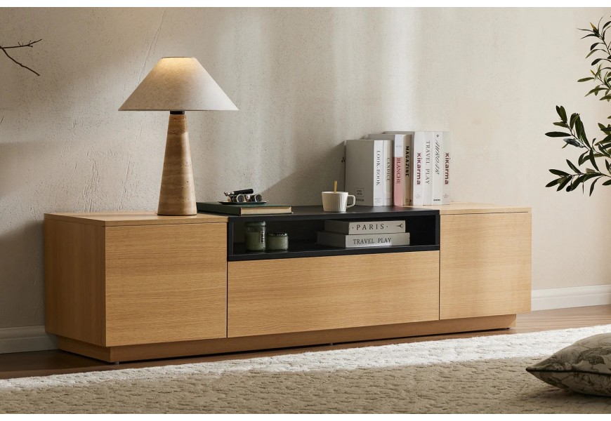 Moderní obdélníkový televizní stolek Attica se dvěma dvířky a šuplíkem v dubovém designu s policí v černé barvě