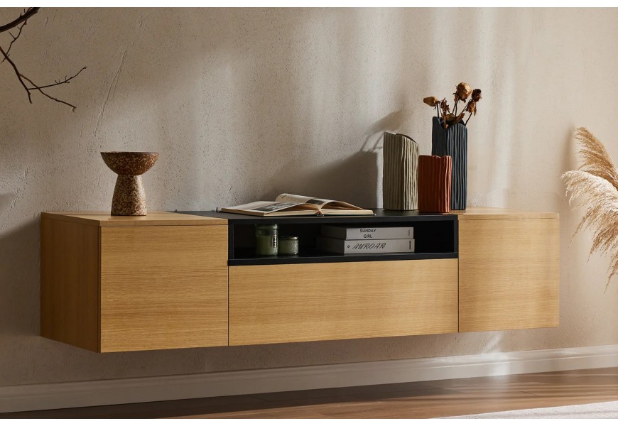 Skandinávský televizní stolek Attica v obdélníkovém tvaru s dubovým vzhledem se dvěma skříňkami a zásuvkou s policí v černé barvě