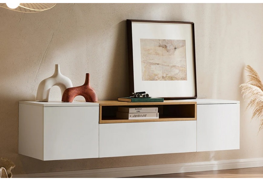 Moderní dvoudveřový závěsný televizní stolek Attica v bílé barvě se skříňkami a šuplíkem a policí v dubovém vzhledu