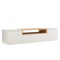 Skandin&aacute;vsk&yacute; n&aacute;stěnn&yacute; obd&eacute;ln&iacute;kov&yacute; dvoudveřov&yacute; TV stolek Attica v b&iacute;l&eacute; barvě se z&aacute;suvkou a polic&iacute; s dubov&yacute;m vzhledem 160 cm