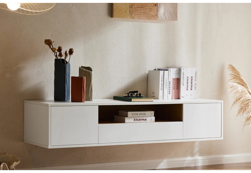 Skandinávský televizní stolek Attica v bílé barvě ze dřeva v obdélníkovém tvaru se dvěma dvířky a zásuvkou s policí