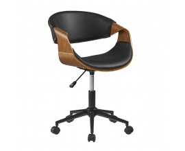 Retro otočn&eacute; v&yacute;&scaron;kově nastaviteln&eacute; křeslo Norwich na kolečk&aacute;ch s čalouněn&iacute;m a kožen&yacute;m potahem v čern&eacute; barvě s dřevěn&yacute;mi ořechov&yacute;mi hněd&yacute;mi bočn&iacute;mi opěrkami