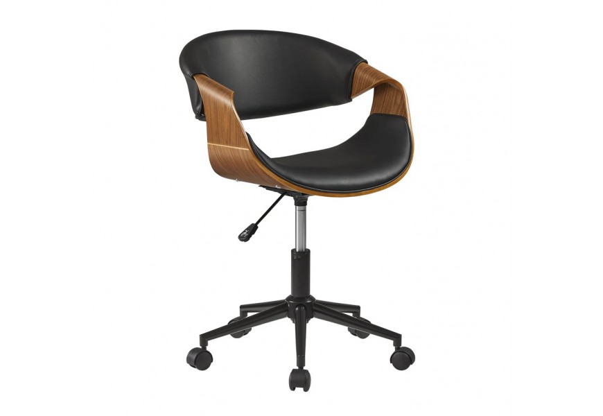 Retro otočné výškově nastavitelné křeslo Norwich na kolečkách s čalouněním a koženým potahem v černé barvě s dřevěnými ořechovými bočními opěrkami