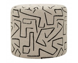 Moderní kulatá čalouněná taburetka Terezja s textilním béžově hnědým potahem s černým vyšívaným geometrickým vzorem 44 cm
