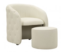 Art deco kožen&eacute; klubov&eacute; křeslo s podnožkou Zilla s b&iacute;l&yacute;m potahem z ekokůže s pro&scaron;&iacute;v&aacute;n&iacute;m v kulat&yacute;mi knofl&iacute;čky v chesterfield stylu s kulatou hladkou zasouvatelnou taburetkou ve stejn&eacute;m proveden&iacute;