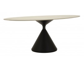 Modern&iacute; designov&yacute; j&iacute;deln&iacute; stůl Ferrera s ov&aacute;lnou vrchn&iacute; deskou s designem b&eacute;žov&eacute;ho travertinu na jedn&eacute; čern&eacute; kovov&eacute; noze ve tvaru přes&yacute;pac&iacute;ch hodin