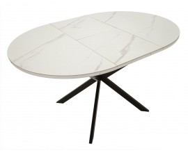 Modern&iacute; mramorov&yacute; kulat&yacute; rozkl&aacute;dac&iacute; j&iacute;deln&iacute; stůl Tarro s b&iacute;lou deskou s &scaron;edou kresbou a černou podstavou 100-140 cm