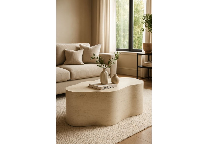 Designový kamenný šedý asymetrický konferenční stolek Nuvo oválného tvaru s pěti zaoblenými výběžky z magnesia s pórovitou strukturou