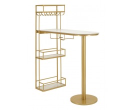 Designov&yacute; zlat&yacute; barov&yacute; pult Bressanine s ov&aacute;lnou vrchn&iacute; deskou z b&iacute;l&eacute;ho mramoru s kovovou konstrukc&iacute; s &uacute;ložn&yacute;m prostorem s n&aacute;stěnn&yacute;mi policemi na l&aacute;hve s drž&aacute;ky na sklenice s jednou nohou