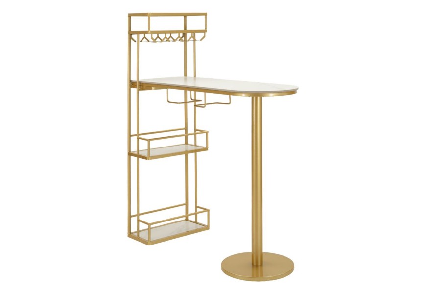 Designový zlatý barový pult Bressanine s oválnou vrchní deskou z bílého mramoru s kovovou konstrukcí s úložným prostorem s nástěnnými policemi na láhve s držáky na sklenice s jednou nohou
