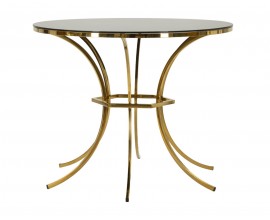 Designov&yacute; art deco skleněn&yacute; j&iacute;deln&iacute; stůl Hailey s kulatou černou lesklou vrchn&iacute; deskou a kovovou podstavou se &scaron;esti nohama prohnut&yacute;mi do půloblouku se &scaron;esti&uacute;heln&iacute;kovou spojnic&iacute; ve zlat&eacute; barvě