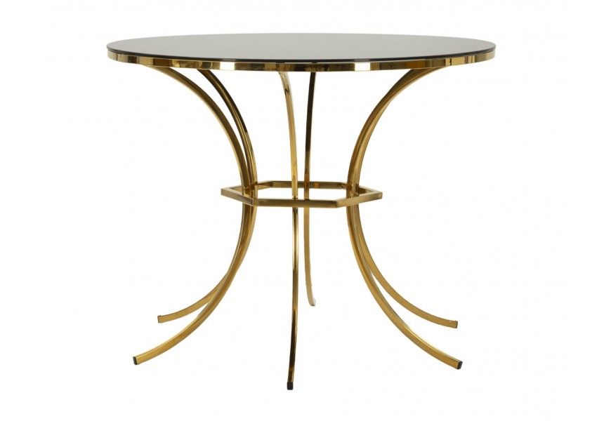 Designový art deco skleněný jídelní stůl Hailey s kulatou černou lesklou vrchní deskou a kovovou podstavou se šesti nohama prohnutými do půloblouku se šestiúhelníkovou spojnicí ve zlaté barvě