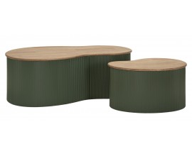 Modern&iacute; asymetrick&yacute; set konferenčn&iacute;ch stolků Hirea se zelenou kovovou vroubkovanou podstavou a dřevěnou hnědou deskou 87 cm