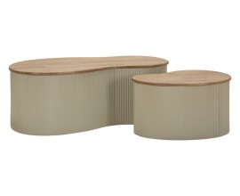 Designov&aacute; sada konferenčn&iacute;ch stolků Hirea s vroubkovanou podstavou z kovu v b&eacute;žov&eacute; barvě v asymetrick&eacute;m tvaru s dřevěnou deskou v hněd&eacute; barvě