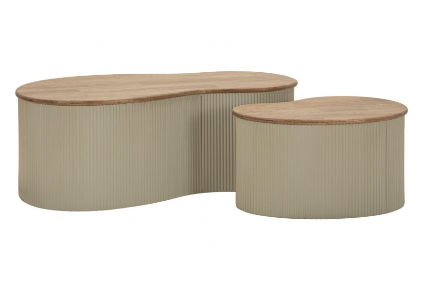 Designová sada konferenčních stolků Hirea s vroubkovanou podstavou z kovu v béžové barvě v asymetrickém tvaru s dřevěnou deskou v hnědé barvě