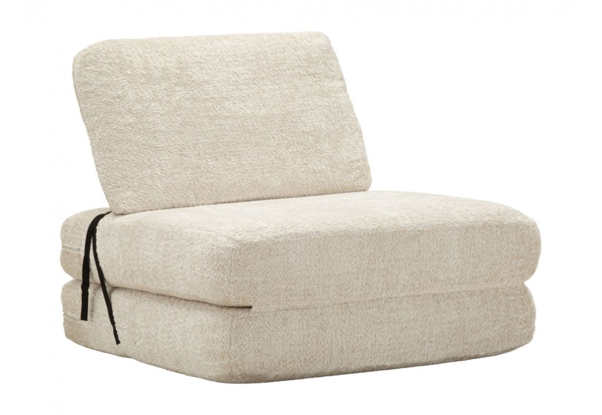 Designové čalouněné křeslo Raffai s rozkládací funkcí s textilním bílo krémovým potahem a obdélníkovým opěradlem