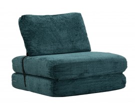 Designové čalouněné modré rozkládací křeslo Raffai s plyšovým potahem a obdélníkovým opěradlem 100 cm