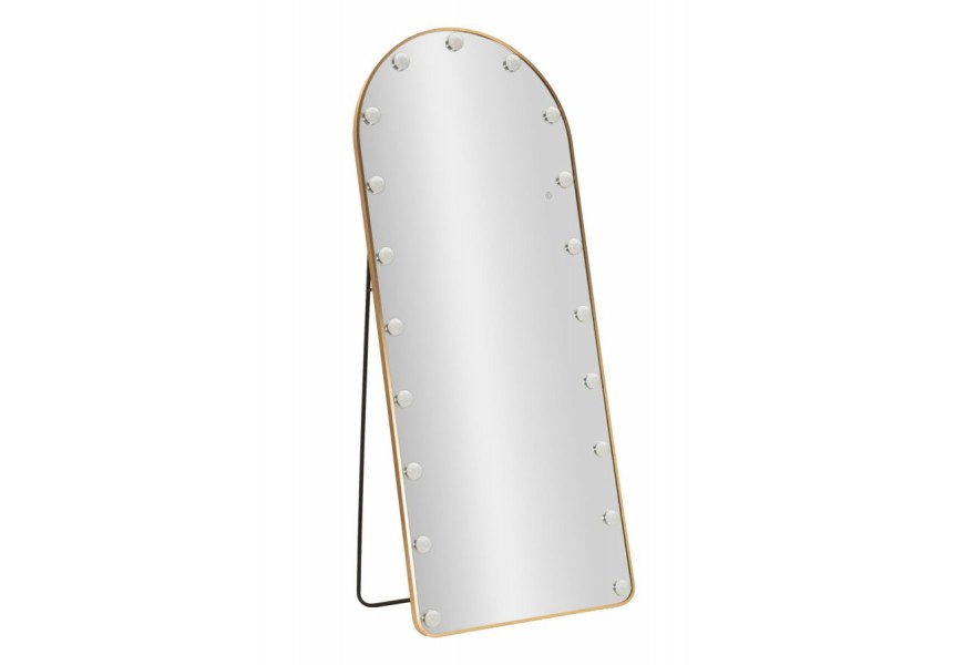 Glamour obdélníkové polohovatelné šatní zrcadlo Hillie s dotykovým displejem a svítidly s tenkým rámem ve zlaté barvě z kovu