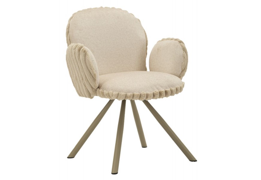 Moderná čalúnená jedálenská stolička Falir v béžovej farbe s plyšovým poťahom s vrúbkovaním a zaoblenými opierkami s vyosenými kovovými nožičkami