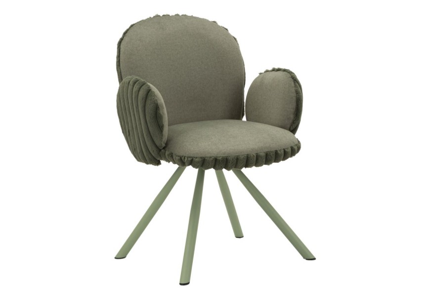 Moderná čalúnená jedálenská stolička Falir v zelenej barve s plyšovým poťahom a prešívaným vrúbkovaním so zaoblenými opierkami a vyosenými nožičkami z kovu v svetlej zelenej barve