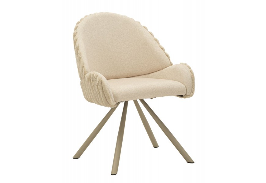 Moderná čalúnená jedálenská stolička Falir v bielej krémovej farbe s plyšovým poťahom s vrúbkovaním a zaoblenými opierkami s vyosenými kovovými nožičkami