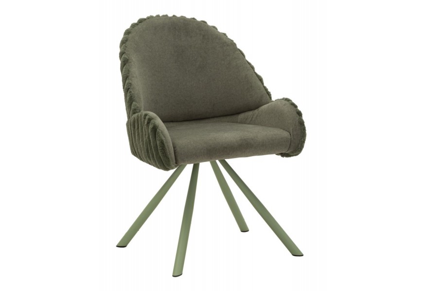 Designová čalúnená jedálenská stolička Falir v zelenej barve s plyšovým poťahom so zaoblenými opierkami a vrúbkovaným prešívaním s kovovými vyosenými nožičkami