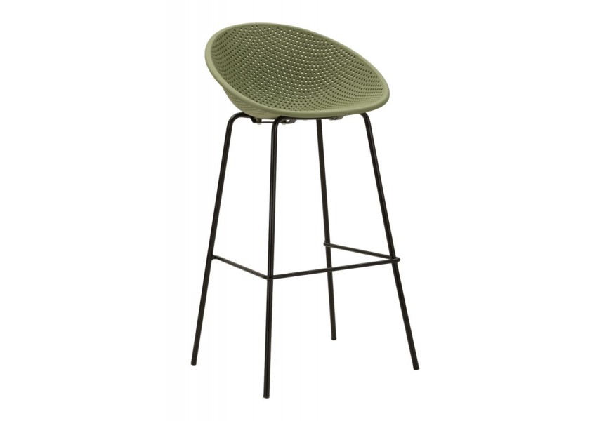 Moderní zelená barová židle Isola s nízkou zádovou opěrkou a sedadlem s kulatým designem s pravidelným perforováním na čtyřech nohou v černé barvě s opěrkou na nohy