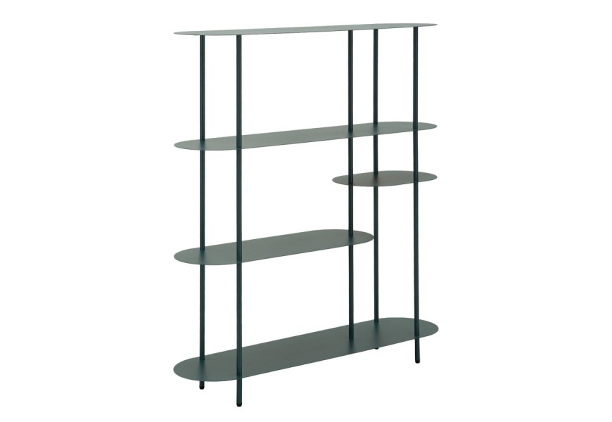 Moderní designový oválný regál Satre se čtyřmi asymetrickými policemi a pěti konstrukčními tyčemi na nožičkách z kovu v tmavě tyrkysové barvě