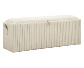 Modern&iacute; art deco lavice Minna s b&iacute;l&yacute;m kože&scaron;inov&yacute;m potahem s kr&eacute;mov&yacute;m n&aacute;dechem z mikrovl&aacute;kna s odn&iacute;mateln&yacute;m v&iacute;kem a &uacute;ložn&yacute;m prostorem uvnitř s vertik&aacute;ln&iacute;m pro&scaron;&iacute;v&aacute;n&iacute;m po obvodu s žebrovan&yacute;m designem