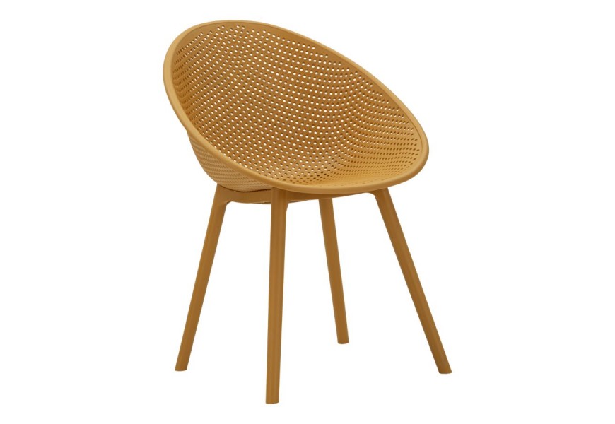 Moderní kulatá jídelní židle Isola ve žluté barvě s perforovanou sedací částí a opěrkou se čtyřmi šikmýma nohama