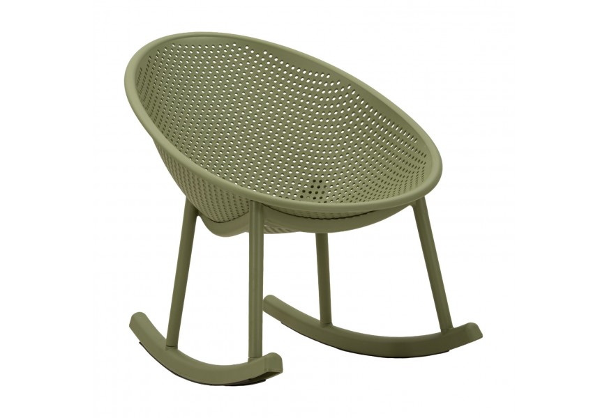 Designové moderně houpací křeslo Isola v syté světle zelené barvě s kulatou sedací částí s pravidelným perforovaným zdobením se čtyřmi nohama a houpacími půloblouky