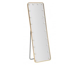 Glamour vysok&eacute; obd&eacute;ln&iacute;kov&eacute; zrcadlo Hilly s čern&yacute;m stojanem a zlat&yacute;m kovov&yacute;m r&aacute;mem se zaoblen&yacute;mi rohy s LED kulat&yacute;mi světly po obvodu se třemi stupni teploty osvětlen&iacute;