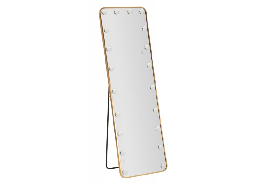 Glamour vysoké obdélníkové zrcadlo Hilly s černým stojanem a zlatým kovovým rámem se zaoblenými rohy s LED kulatými světly po obvodu se třemi stupni teploty osvětlení